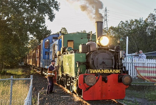 Little Scholars School Excursion View Of The Historic Swanbank Steam Train Engine And Train Conductor